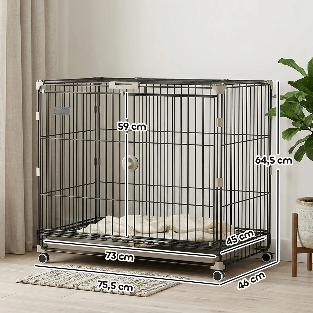Gaiola dobrável para cães 75,5 x 46 x 64,5 cm, tabuleiro removível, rodas com travões, teto abrível com fecho de segurança, preta