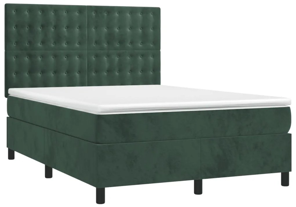 Cama box spring c/ colchão/LED 140x190 cm veludo verde-escuro