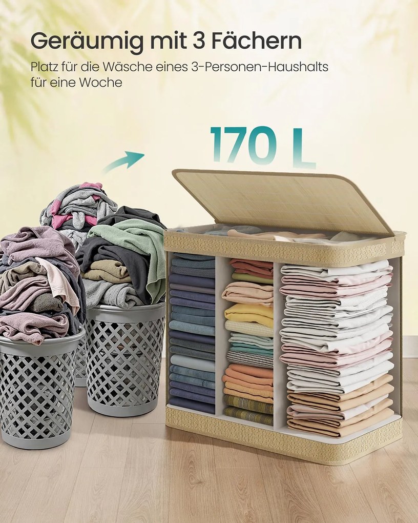 Cesto para roupa suja de 170 litros 67 x 44 x 61 cm em bambu com 3 compartimentos e tampa, cor natural