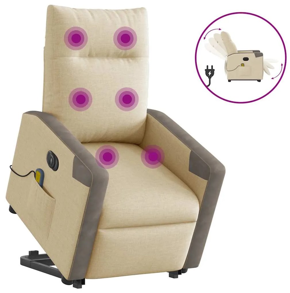 vidaXL Poltrona elétrica elevatória massagens tecido creme