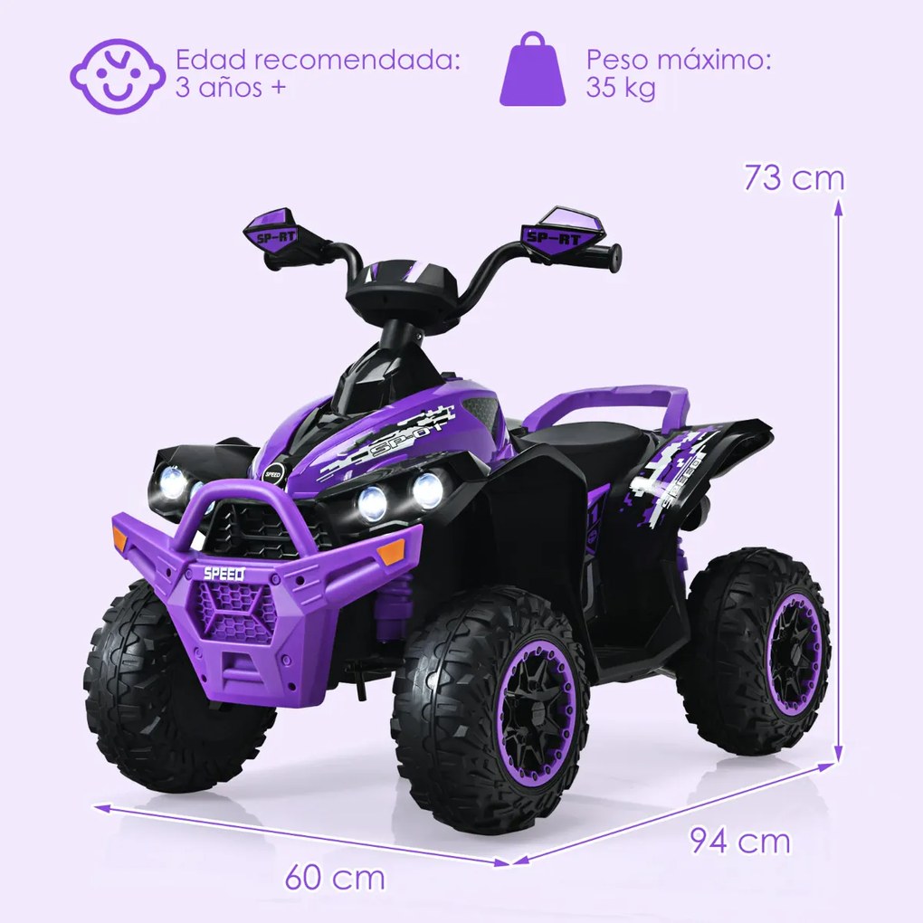 Moto 4 Elétrica para Crianças a Bateria 12V com Velocidade Ajustável Luzes LED Música Pedal3-8 Anos 94 x 60 x 73 cm Roxo