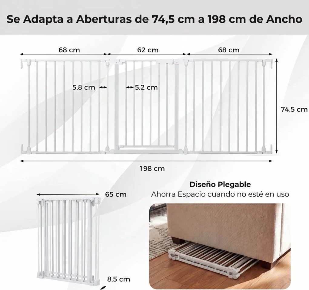 Barreira de segurança para crianças ou animais com 3 painéis metálicos 74,5-198 x 74,5 cm, bloqueio duplo e abertura bidirecional, branca