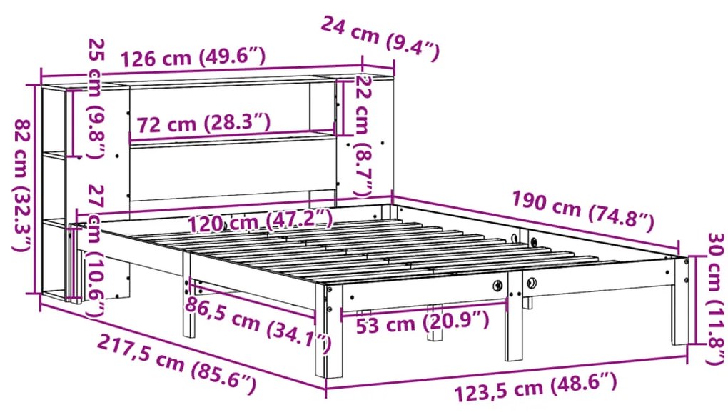 Cama com estante sem colchão 120x190 cm pinho maciço