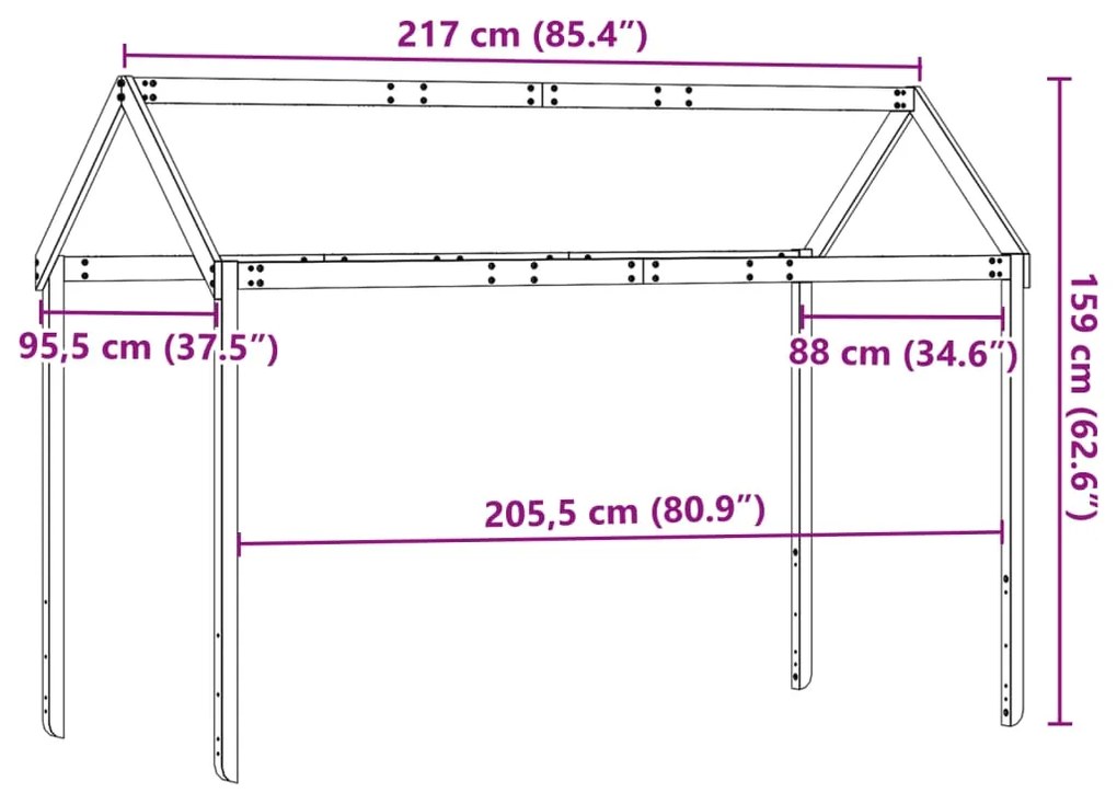 Telhado cama infantil 217x95,5x159 cm pinho maciço castanho-mel