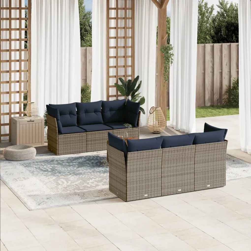 vidaXL 7 pcs conjunto sofás p/ jardim c/ almofadões vime PE cinzento