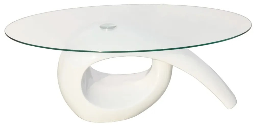 Mesa de centro com tampo oval de vidro, branco brilhante