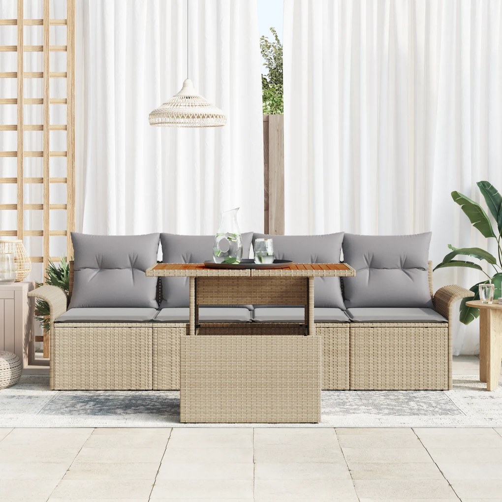 Conjunto de Sofá de Jardim com Almofadas vidaXL 5 Peças Bege Ratan Pol