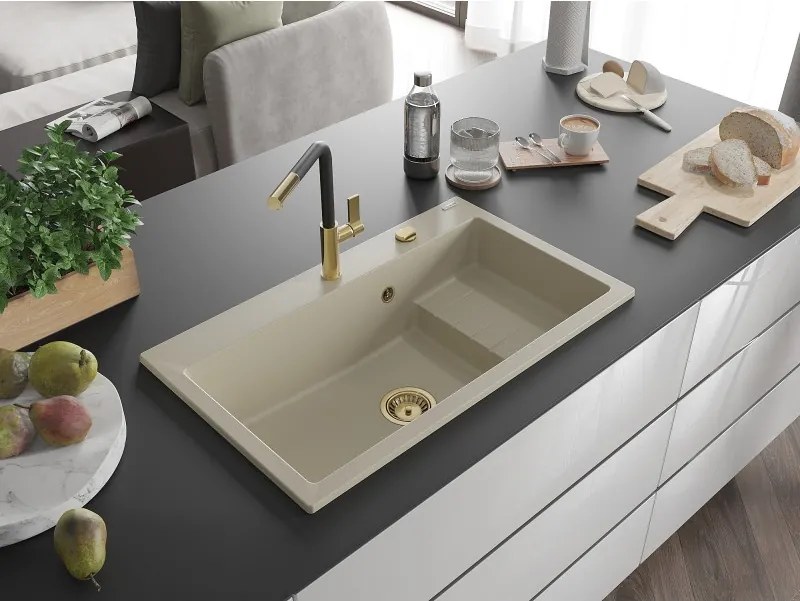 Mexen Omar lava-loiça de granito de 1 cuba 800 x 480 mm, bege, sifão dourado - 6520801005-69-G
