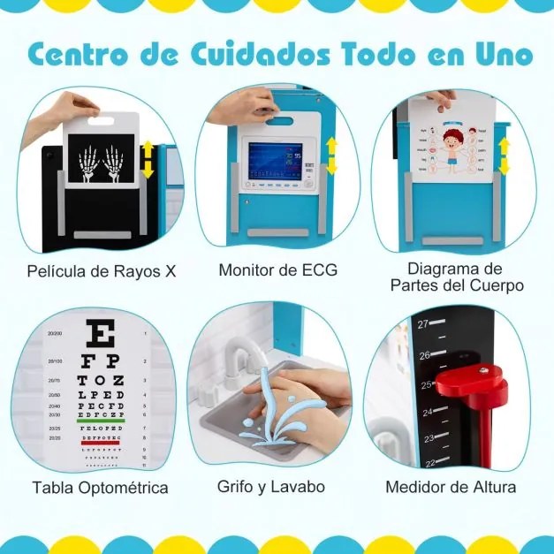 Consultório médico em madeira para Crianças 85 x 25 x 80 cm com área de exame, filme de raios X, monitor de ECG e tabela optométrica Azul