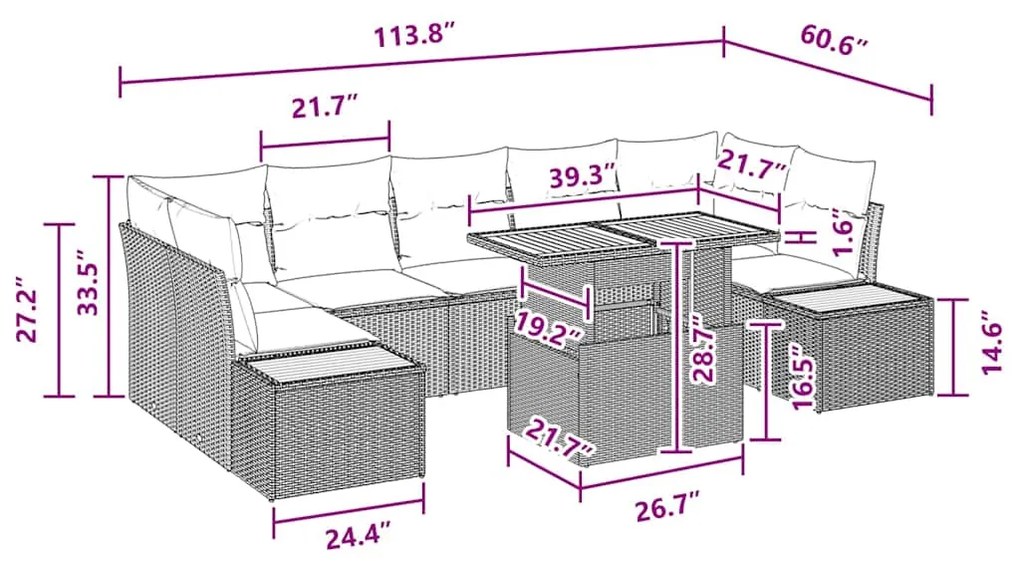 Conjunto de Jantar para Jardim com 8 Peças e Almofadas Rattan Poliéste