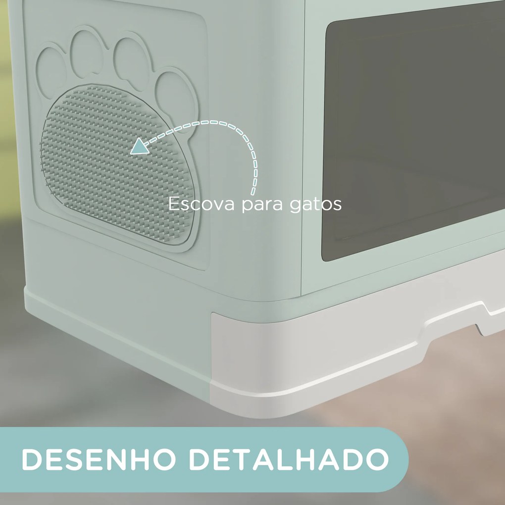 Caixa de Areia para Gatos Amovível com Pá Escova 2 Portas Entrada Principal e Saída Superior 48,5x38x36,5 cm Verde Claro