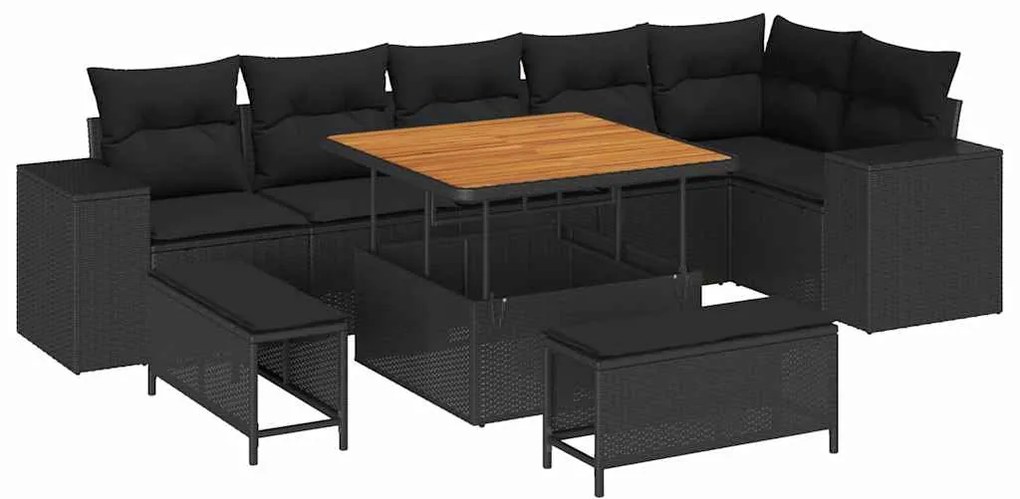 vidaXL Conjunto de Sofá de Jardim com almofada 9 pcs Preto vime PE