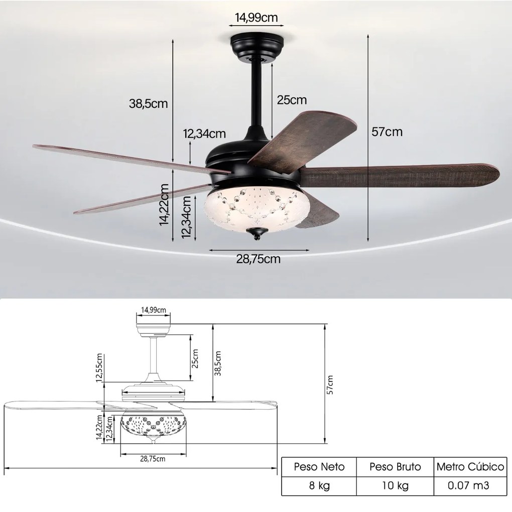 Ventoinha de teto de 132 cm com controle remoto 2 hastes e 5 aletas reversíveis Ventilador interno para casa Preta