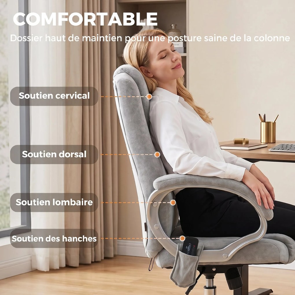 Cadeira de escritório com função de massagem e aquecimento, cadeira de escritório ergonómica, altura e braços ajustáveis, cinzenta