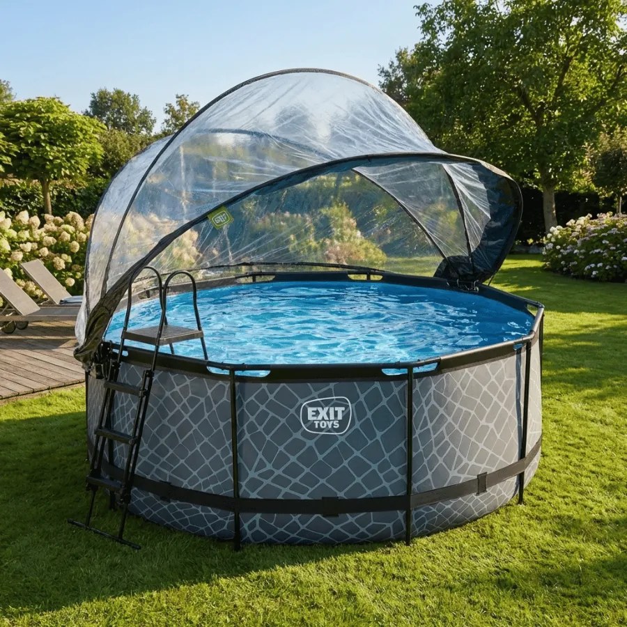 Piscina Redonda Stone ø360x122cm com bomba de filtro de areia e cobertura cúpula - cinzenta