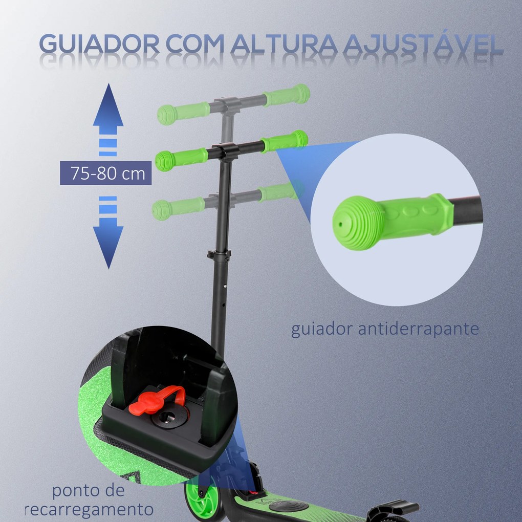 HOMCOM Trotinete Elétrica para Crianças acima de 6 Anos Trotinete Elétrica Dobrável com Altura Ajustável Bateria 24V Velocidade Máxima 8km/h Carga Máxima 50kg 71x36,5x75-80cm Verde