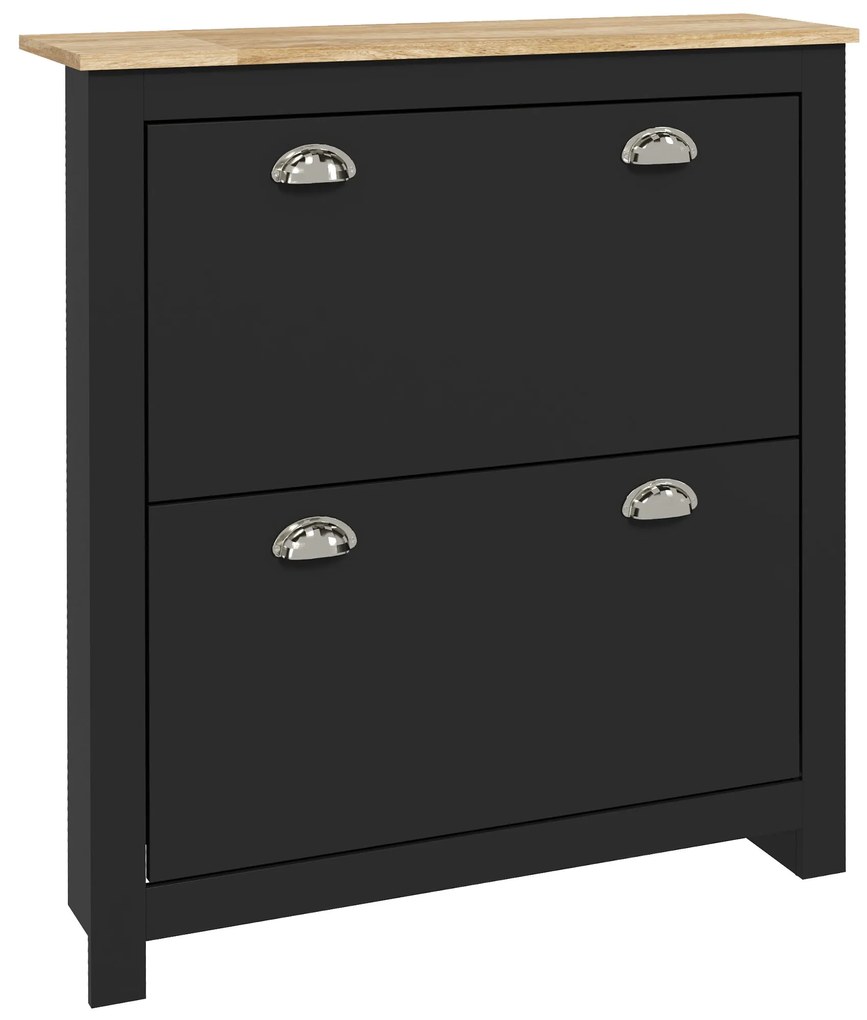 HOMCOM Sapateira 2 Portas Basculantes 2 Compartimentos Puxadores de Concha Metal 79x23x90 5 cm Preto Carvalho | Aosom Portugal