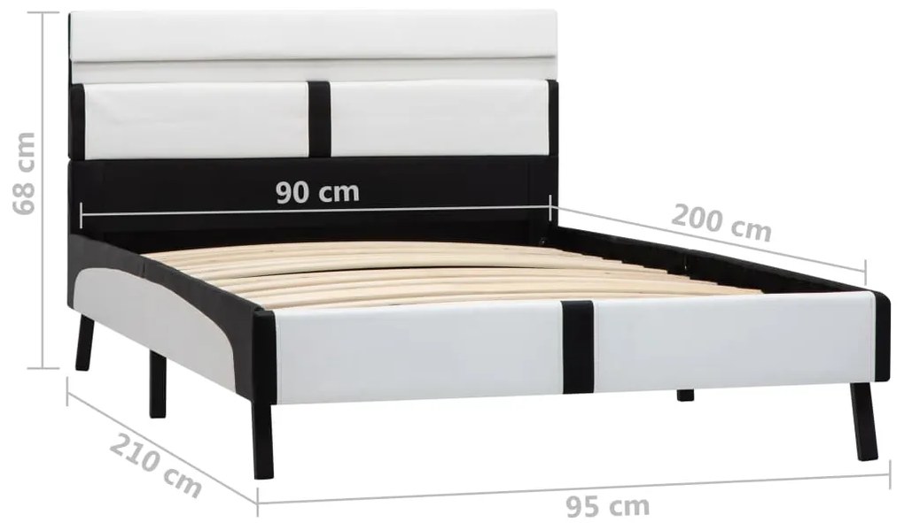 Estrutura cama c/ LED 90x200 cm couro artificial branco e preto