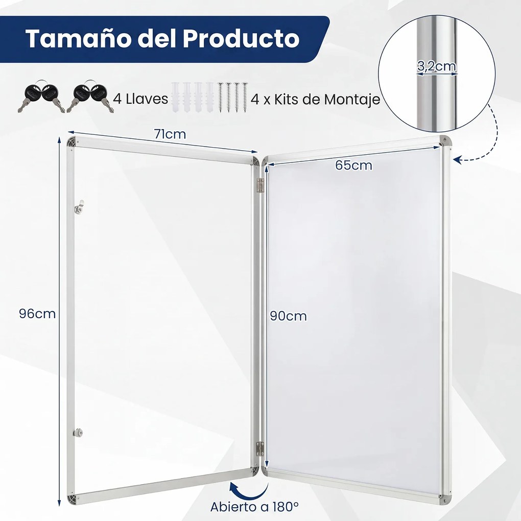 Quadro de Avisos com Porta Transparente, 96 x 71 x 3,2 cm, Quadro Branco Magnético com Fecho à Chave, Preto+Branco