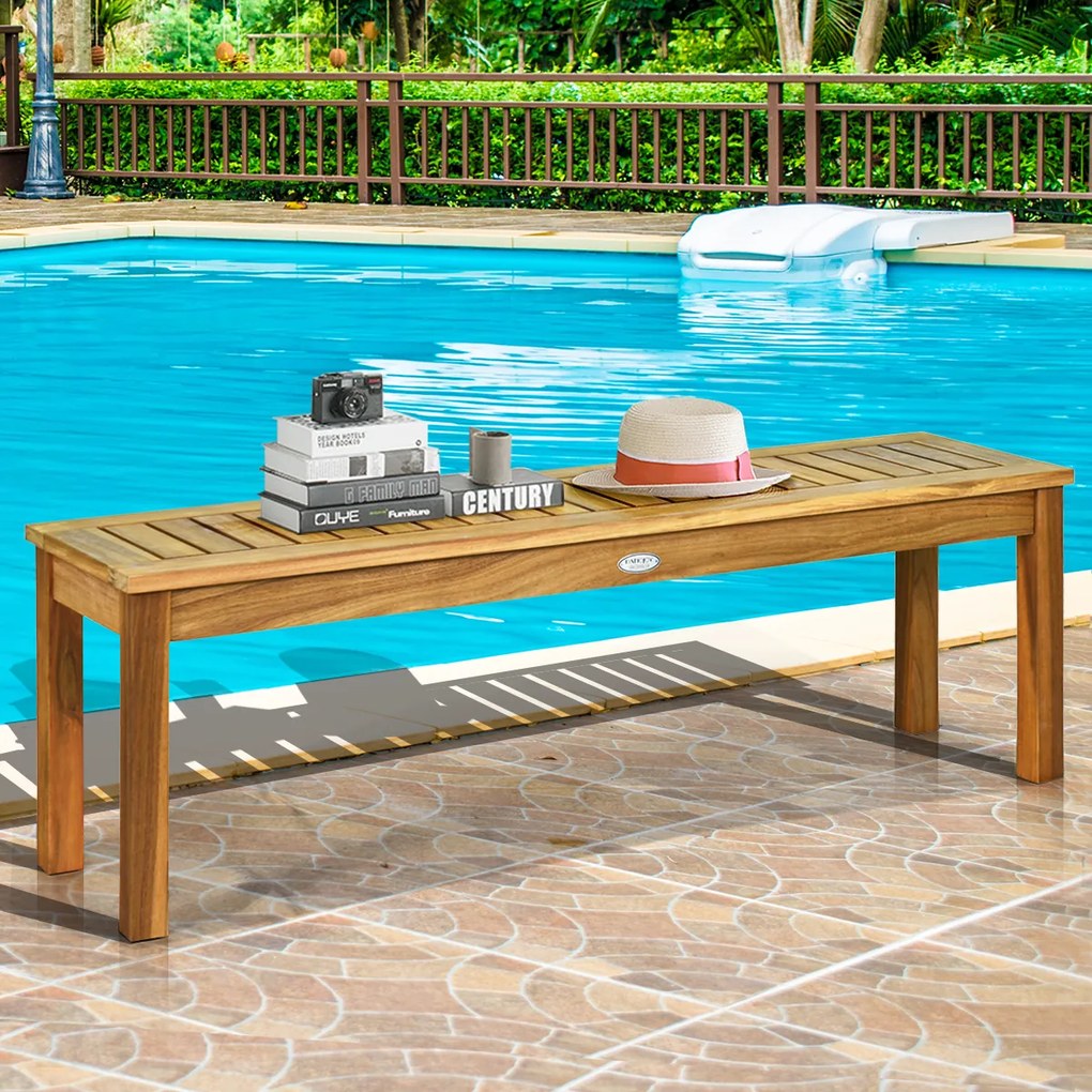 Banco de jardim em madeira de acácia rústico sem encosto com assento de ripas para piscina Entrada de jardim 132 x 34 x 43,5 cm Teca