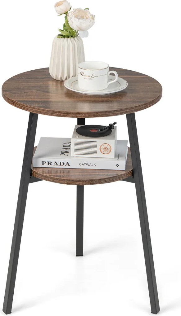 Mesa Auxiliar Redonda de 2 Níveis, 43 x 39 x 55 cm, Estrutura Metálica Robusta, Castanho