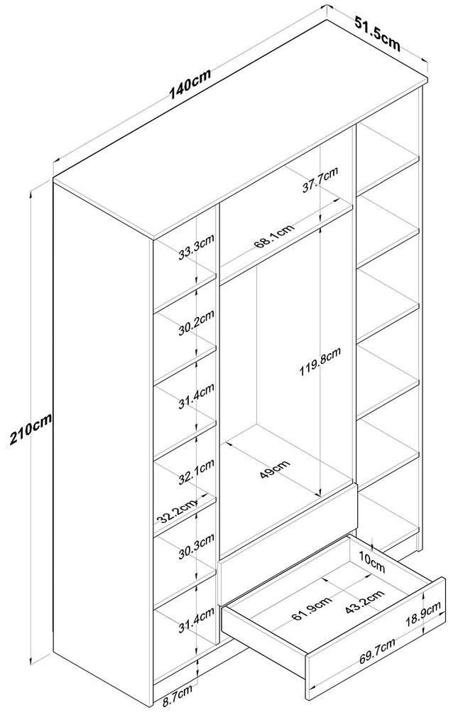 Roupeiro "Heimdall" - 4 Portas, 2 Gavetas - 140x210x51.5cm,, Nogueira