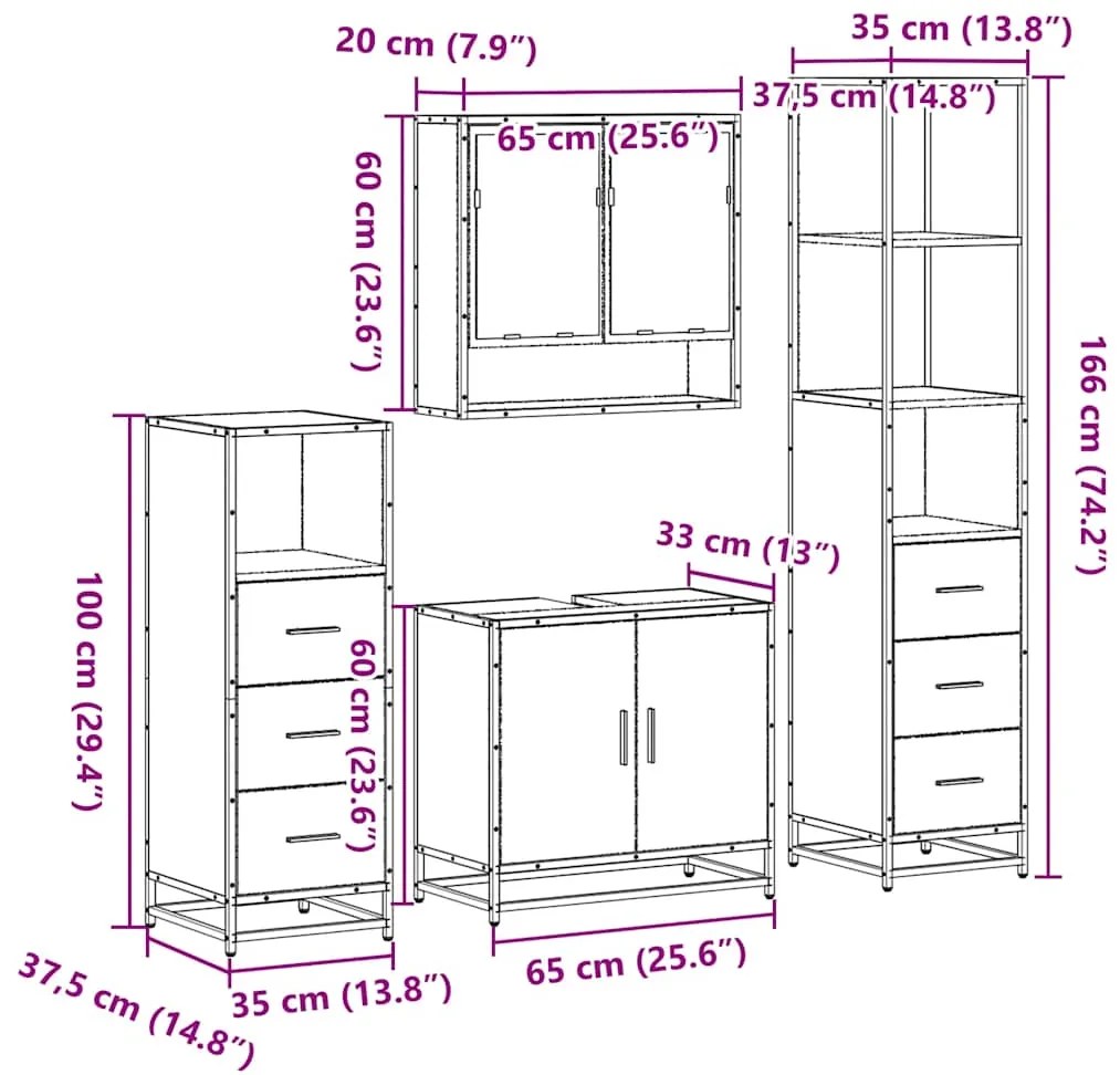 4 pcs Conjunto móveis casa de banho madeira proc. cinza sonoma