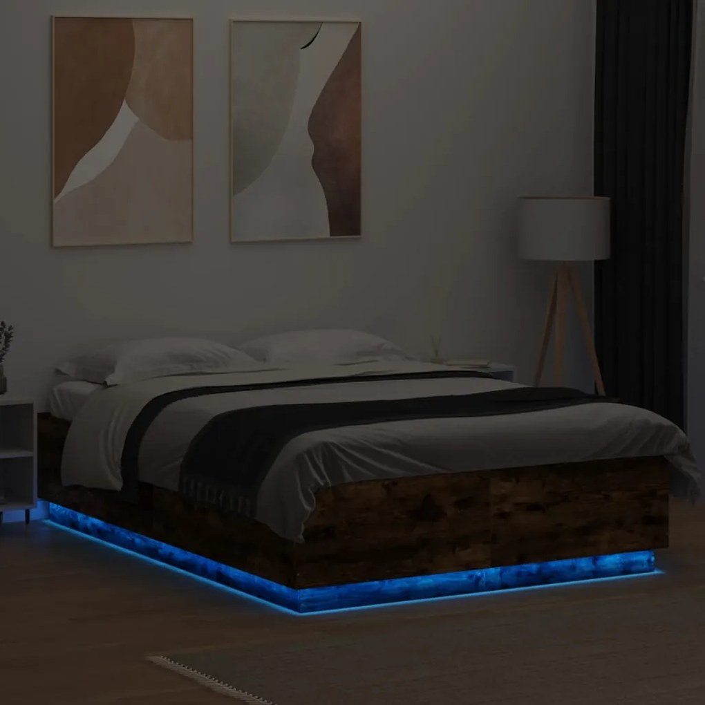 Estrutura cama c/ luzes LED derivados madeira carvalho fumado