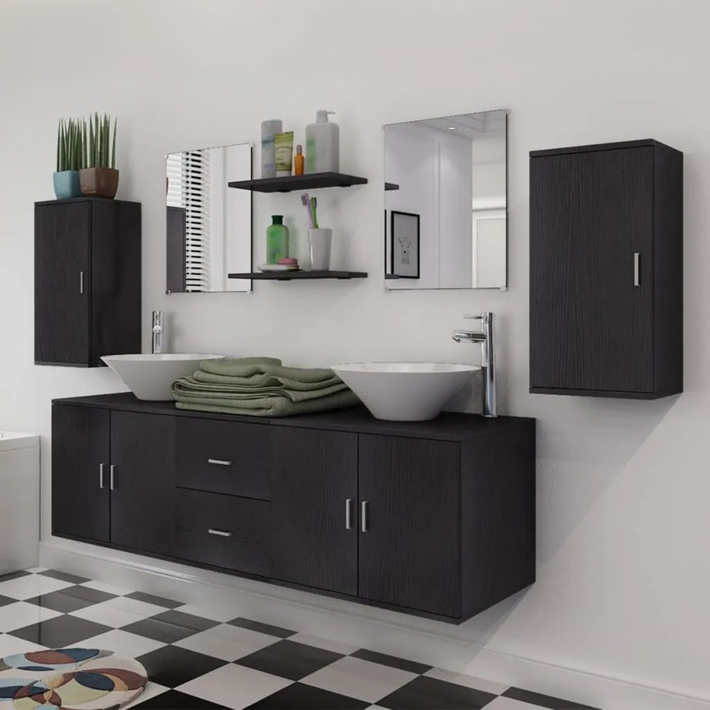Móveis casa de banho 9 pçs e conjunto de bacia, preto