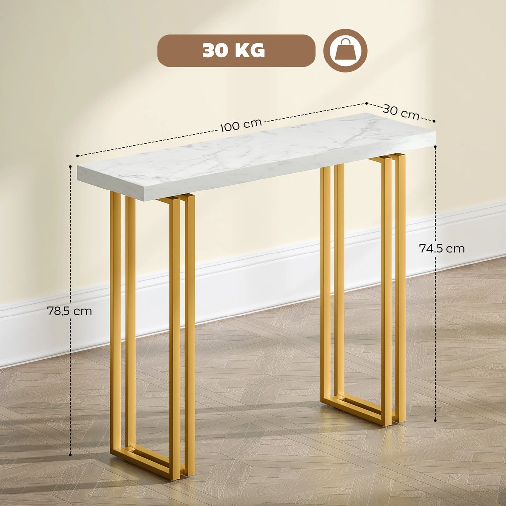 Mesa consola 100 x 30 x 78,5 cm, mesa de entrada, com tampo em imitação de mármore, estrutura em aço, branco e dourado