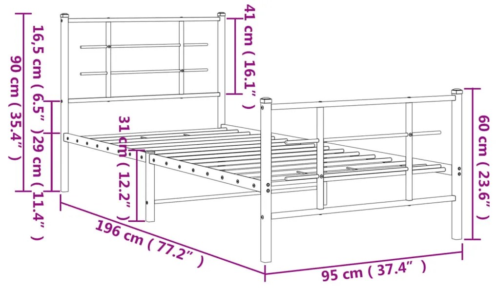 Estrutura de cama com cabeceira e pés 90x190 cm metal preto