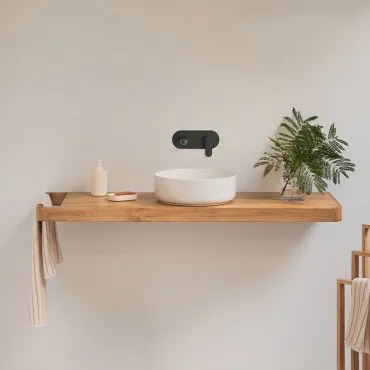 Conjunto De Móvel De Casa De Banho 130x45 Cm Suspenso Em Madeira De Teca Neill Madeira De Teca & Cerâmica Redonda Branca Ø40 Cm Lenka & - Sklum