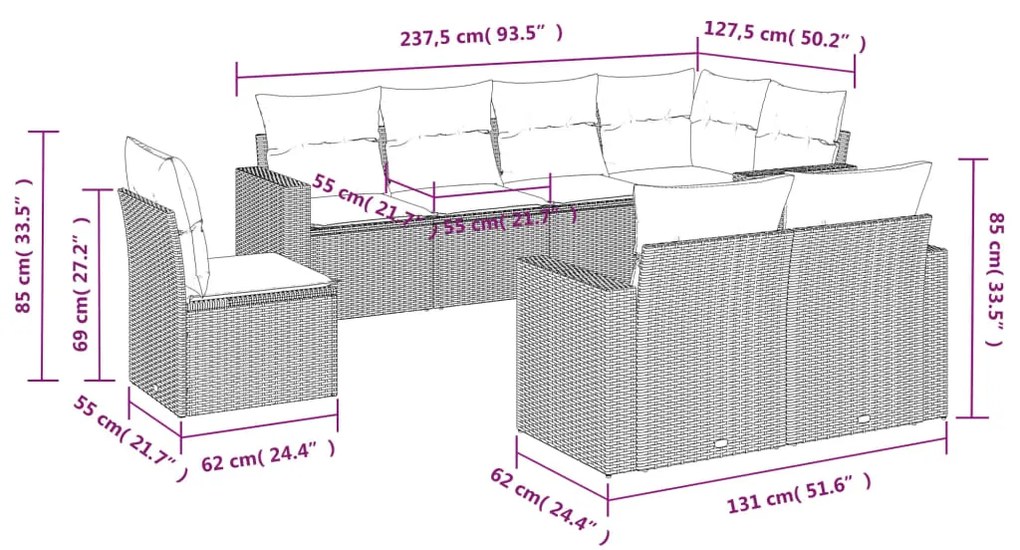 8 pcs conj. sofás jardim c/ almofadões vime PE cinzento-claro