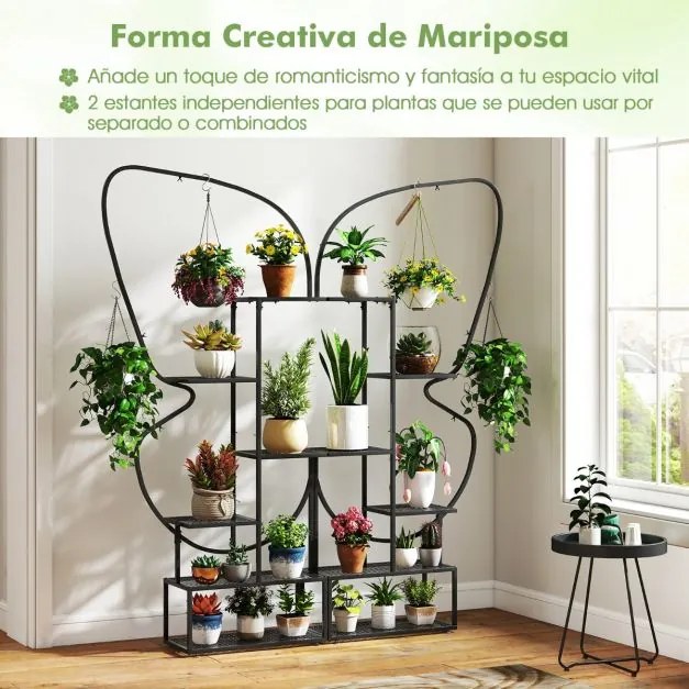 Suporte para plantas de metal 56 x 26 x 185 cm com 6 níveis, 12 prateleiras de malha metálica e 4 ganchos preto