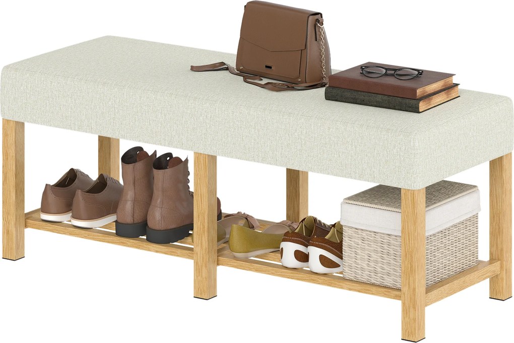 Banco entrada para sapatos 120 x 44 x 48 cm, banco com espaço de arrumação e assento almofadado, prateleira aberta, bege, efeito de madeira natural
