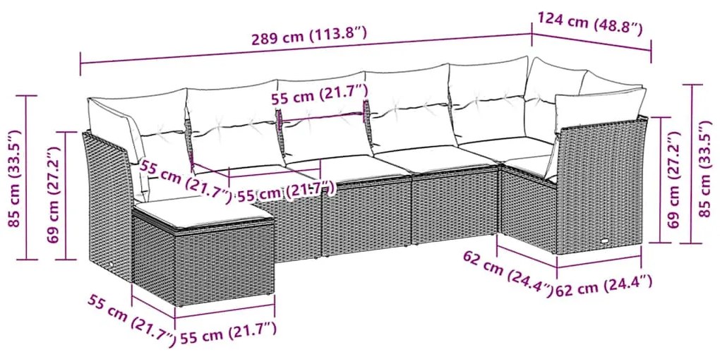 7 pcs conj. sofás jardim com almofadões vime PE cinzento-claro