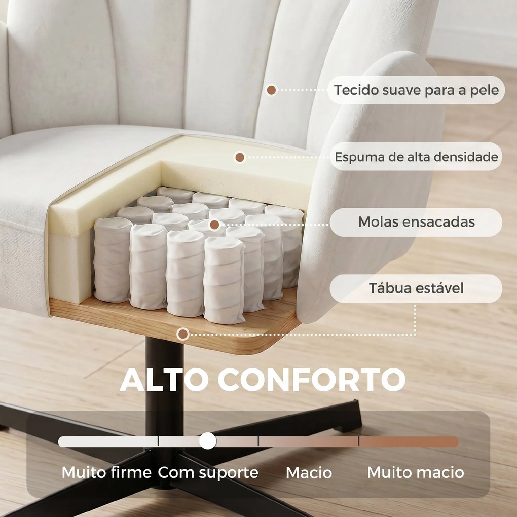 Poltrona de Sala Giratória Cadeira de Sala Estofada em Tecido Aveludado com Encosto em Forma de Concha Almofada com Molas Creme