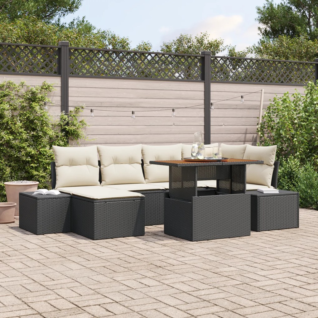 Conjunto de Sofá de Jardim de 7 Peças com Almofadas Preto Rattan Sinté