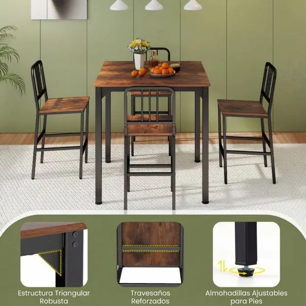 Conjunto de mesa de jantar alta e 4 bancos para 4 pessoas com estrutura metálica, mesa quadrada de estilo industrial Castanho Rústico e Preto