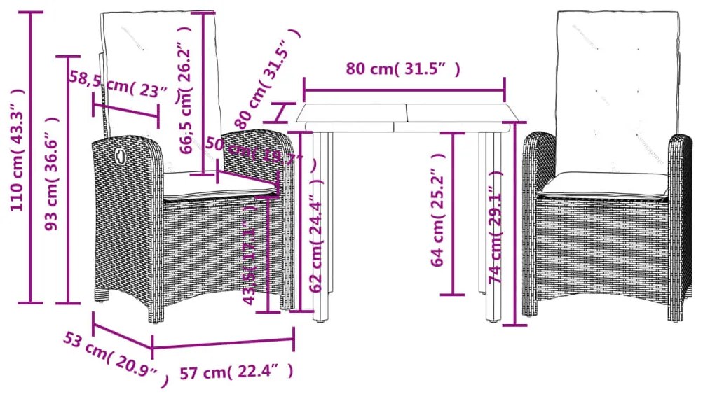 3 pcs conjunto de jantar p/ jardim com almofadões vime PE bege
