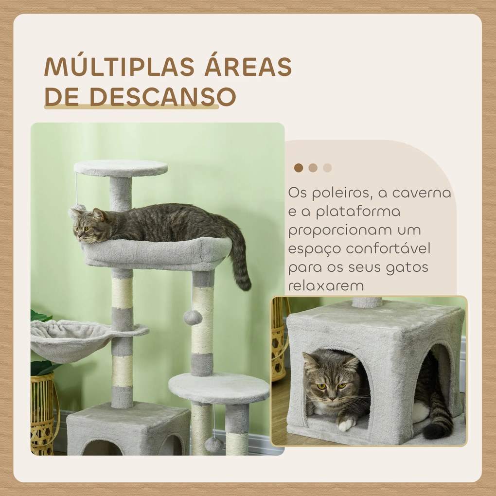 Arranhador para Gatos com Postes Arranhadores de Sisal Cova Plataformas e Bolas Suspensas 65x30x104 cm Cinzento Claro