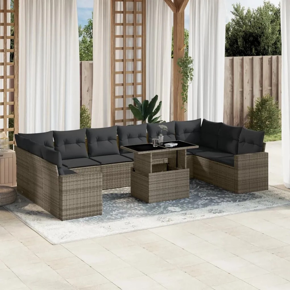 11 pcs conjunto sofás de jardim c/ almofadões vime PE cinzento