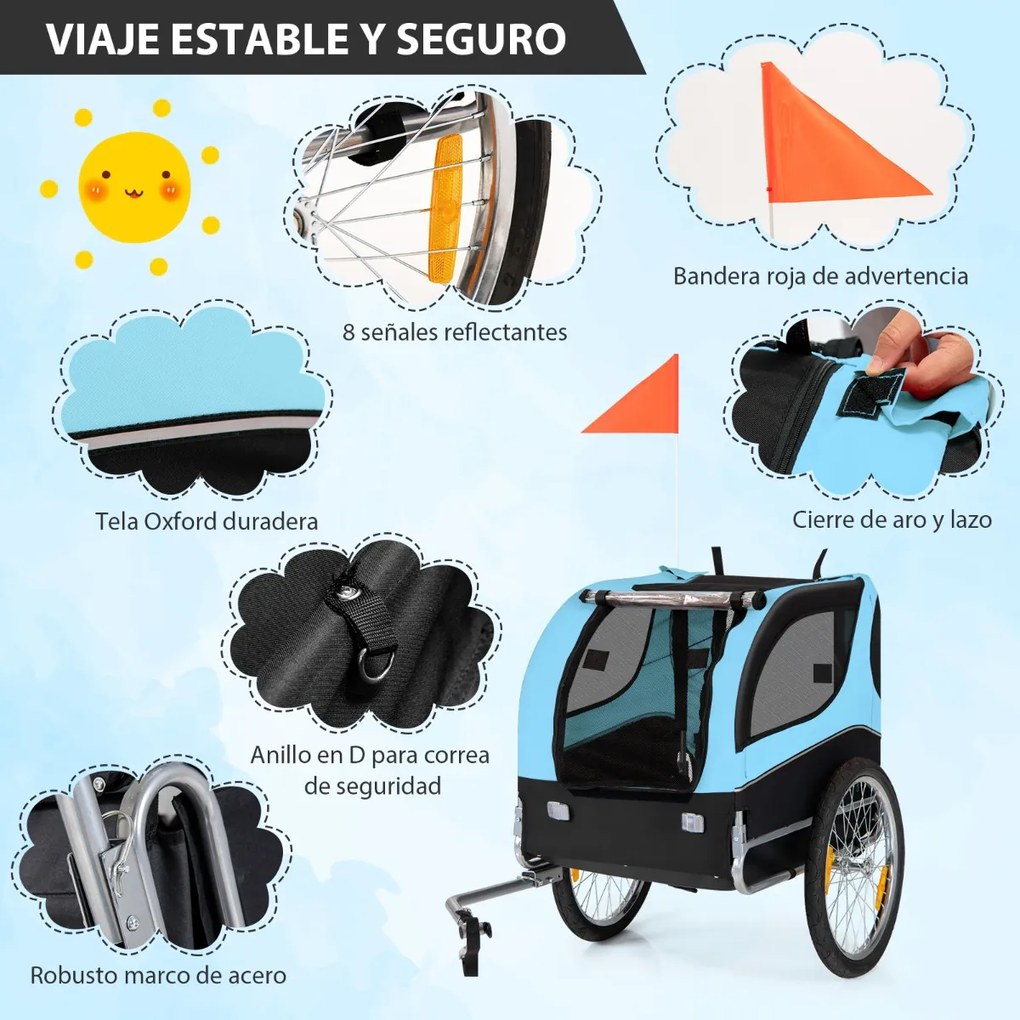 Reboque de bicicleta para animais de estimação com rodas Capacidade 40 kg Caixa de transporte de 2 portas para cães médios 60,5 x 135 x 95 cm Azul