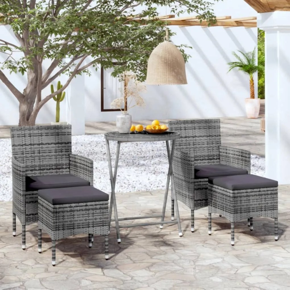 vidaXL 5 pcs conj. bistrô de jardim vime PE e vidro temperado cinzento