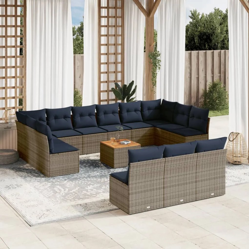 vidaXL 14 pcs conjunto sofás p/ jardim c/ almofadões vime PE cinzento