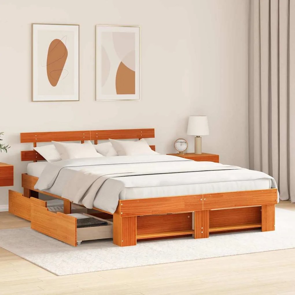 Estrutura da Cama com gaveta Castanho-mel 160 x 200 cm Madeira