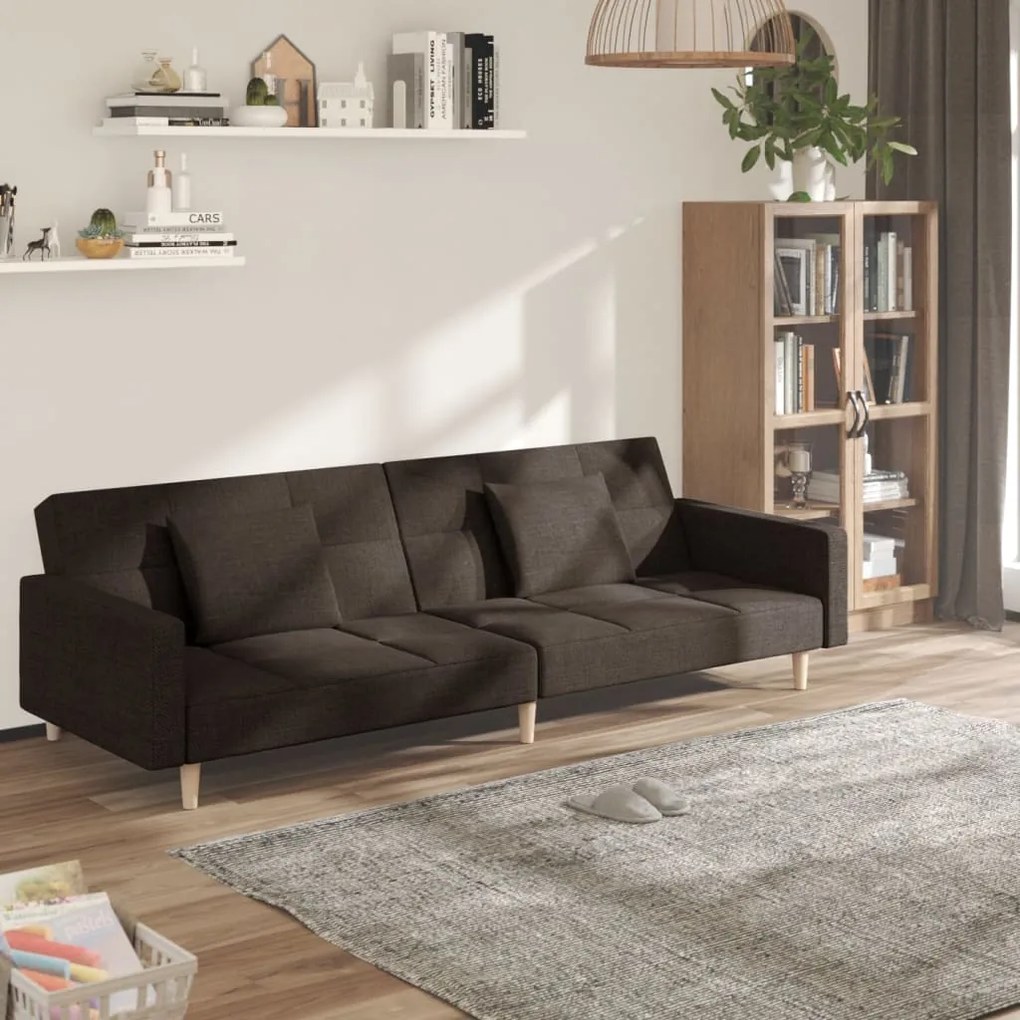337432 vidaXL Sofá-cama 2 lugares com duas almofadas tecido castanho-escuro