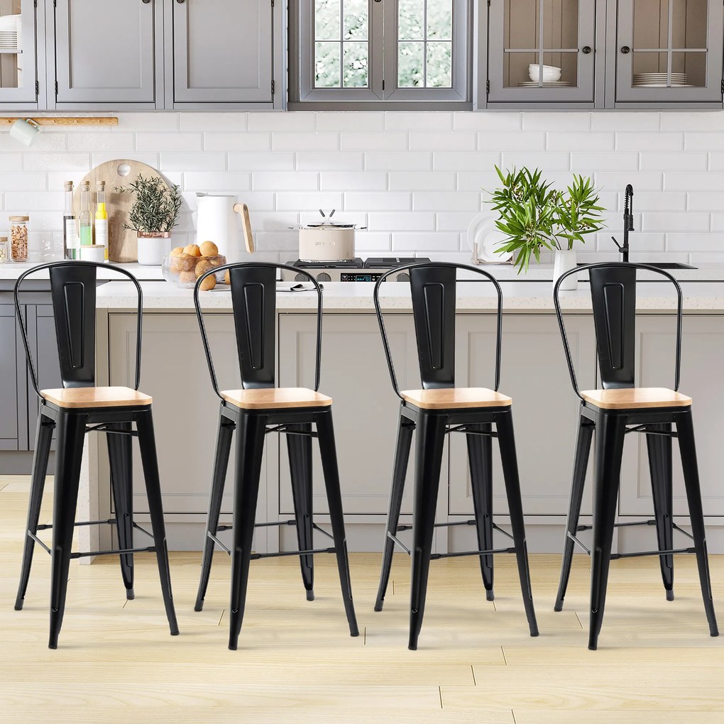 Conjunto de 4 bancos de bar com encosto e apoio para os pés, altura do assento 76 cm, metal preto, em imitação de madeira clara
