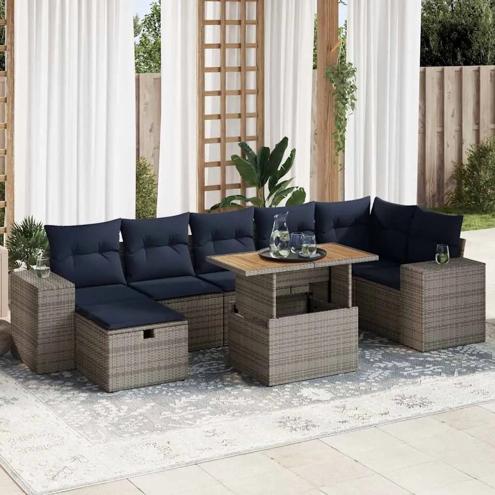 8 pcs conj. sofás jardim c/ almofadões vime PE/acácia castanho