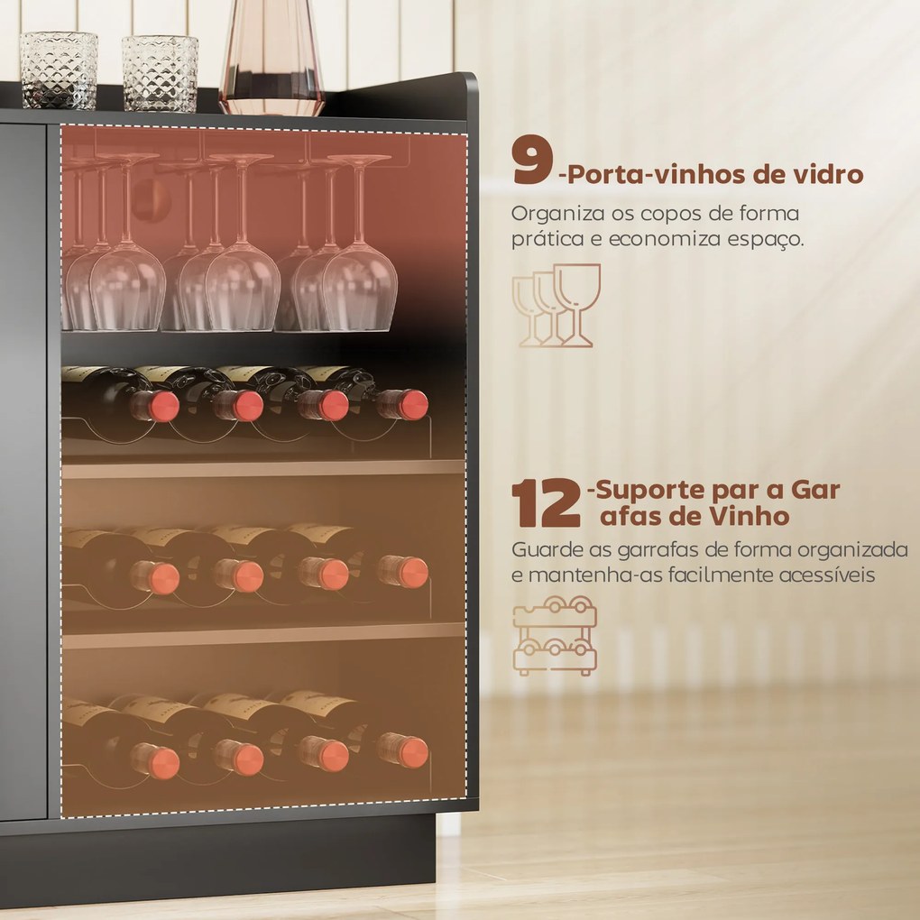Móvel de Bar com Luzes LED RGB e Porta-Garrafas para 12 Garrafas Armário Buffet para Vinhos para Sala de Jantar Sala de Estar Preto